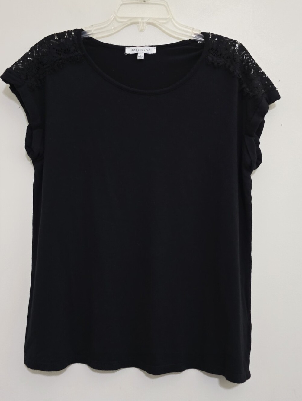 ROSE + OLIVE size Large Lace Shoulder Cap Sleeve Shirt Minimalist Solid Black